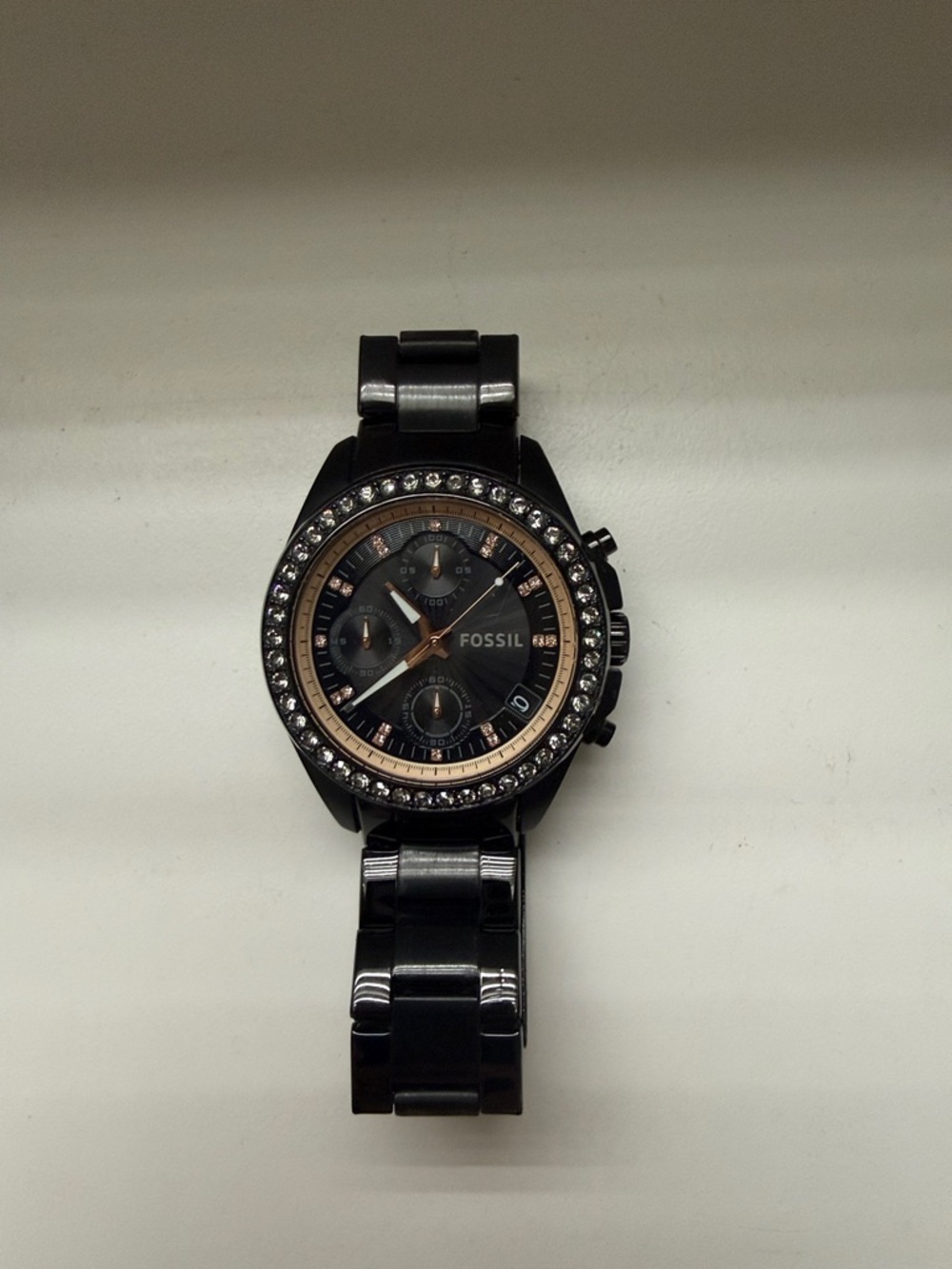 Fossil Black Watch - Rose-Gold Accents & Crystal Bezel - EUC but needs battery